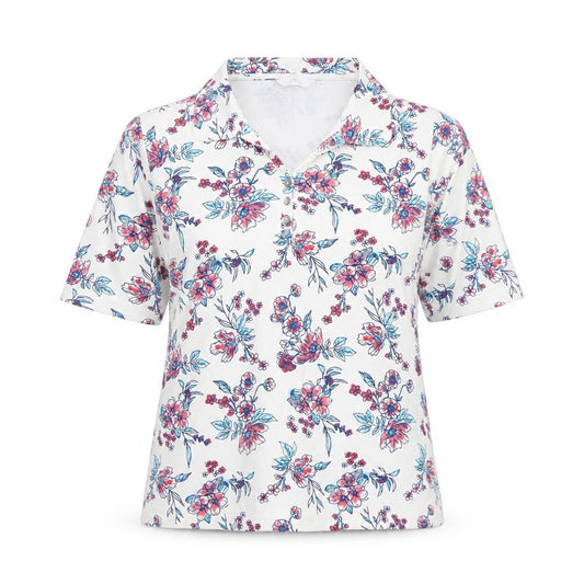 Front view of ISLE women’s multicoloured floral collared polo shirt, size L, 18-20