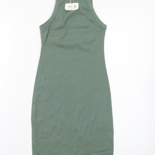 Pull & Bear Women Green S Ribbed Tank Dress Cotton Blend