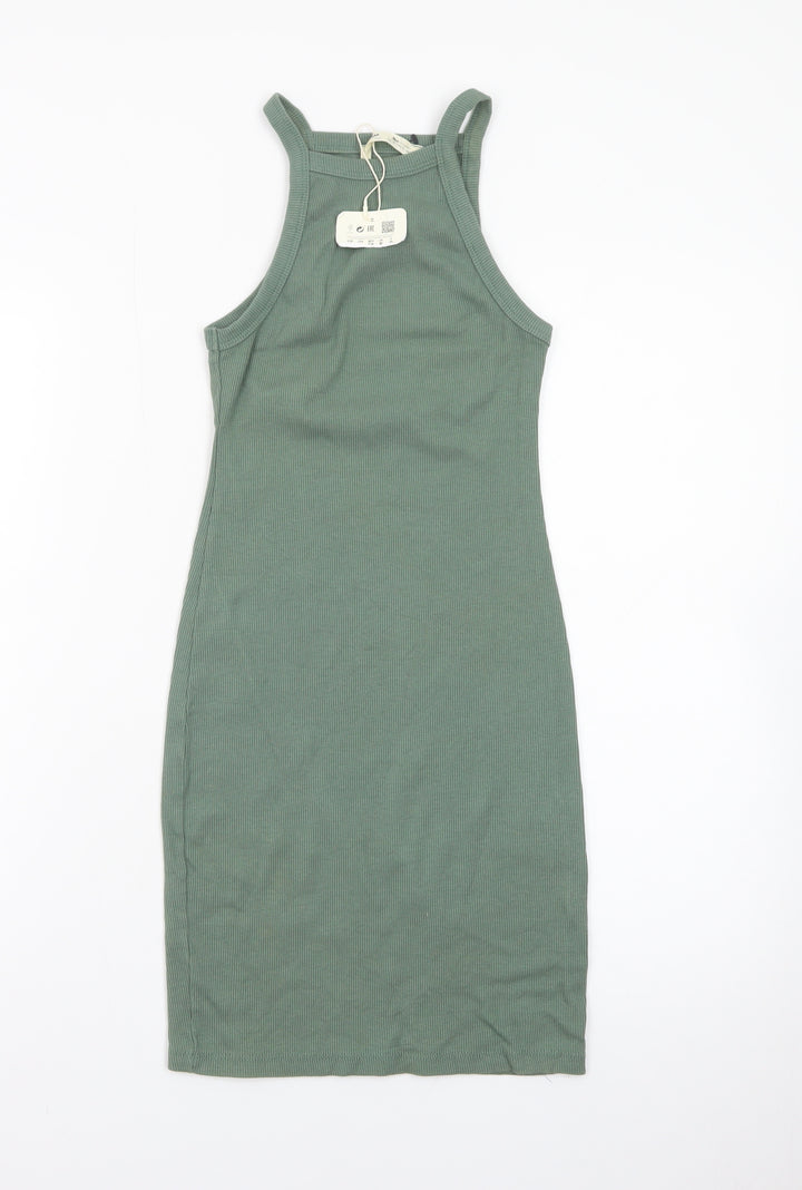 Pull & Bear Women Green S Ribbed Tank Dress Cotton Blend