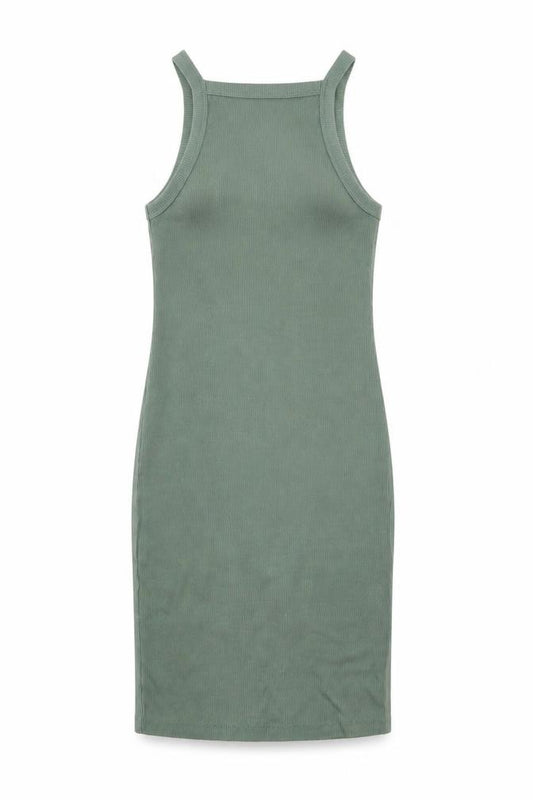 Front view of Pull&Bear Women Green S Ribbed Tank Dress Cotton Blend