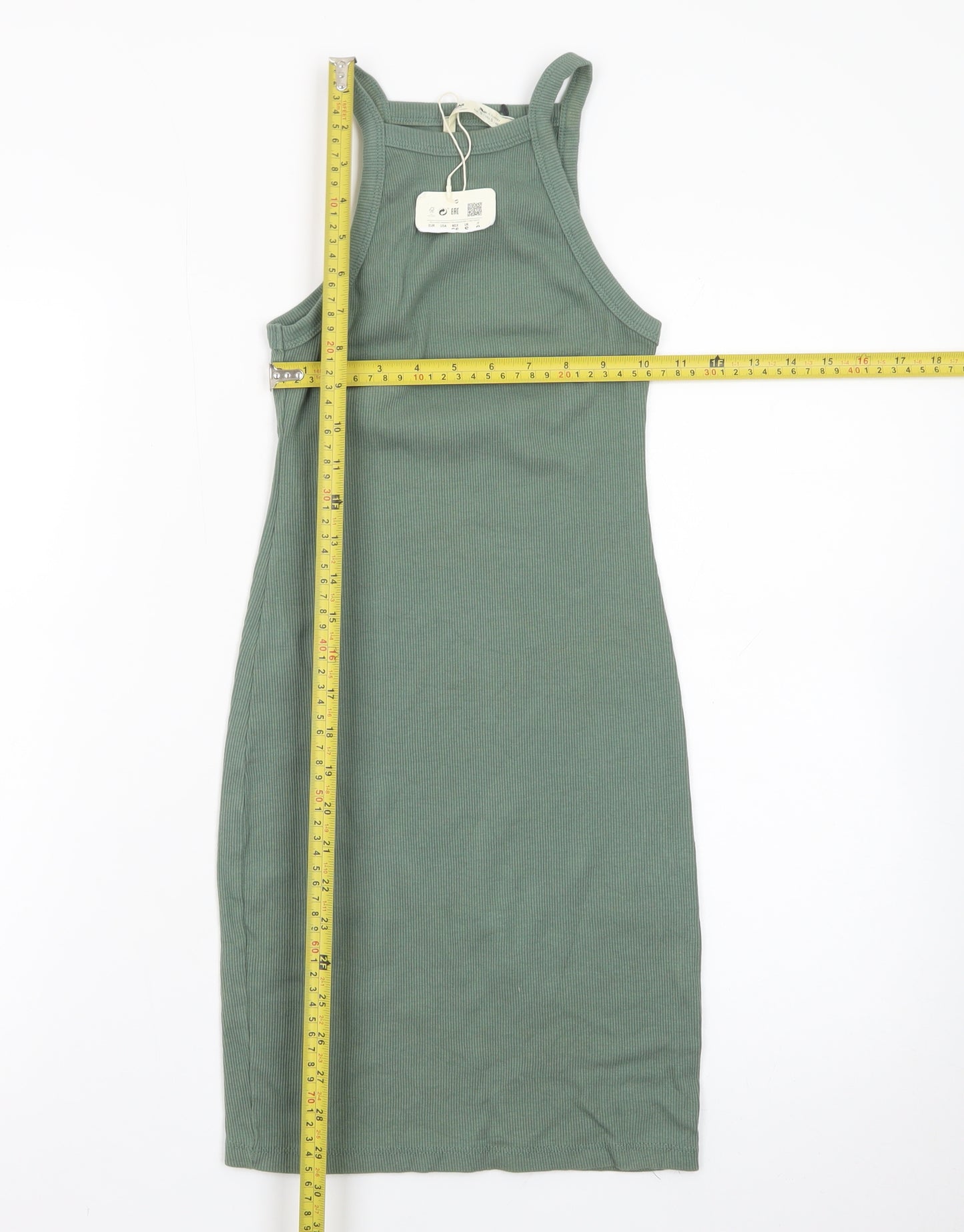 Pull & Bear Women Green S Ribbed Tank Dress Cotton Blend