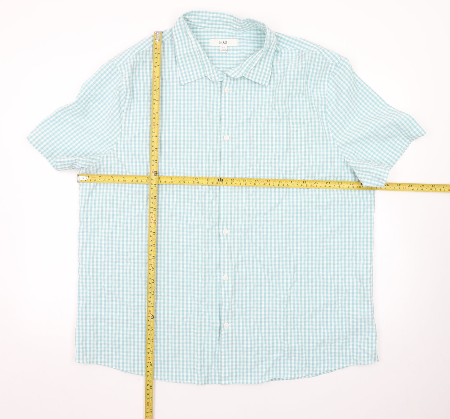 Marks and Spencer Men's Blue Check Short Sleeve Dress Shirt 2XL