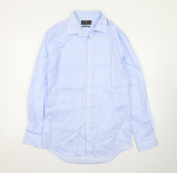 Marks and Spencer Men's Blue Tailored Fit 15.5in Pure Cotton Formal Shirt