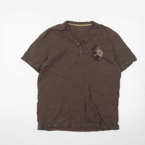 Next Men's Brown Henley Short Sleeve Graphic Cotton T-Shirt Size L