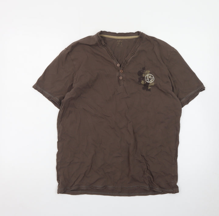 Next Men's Brown Henley Short Sleeve Graphic Cotton T-Shirt Size L