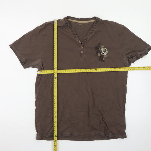 Next Men's Brown Henley Short Sleeve Graphic Cotton T-Shirt Size L
