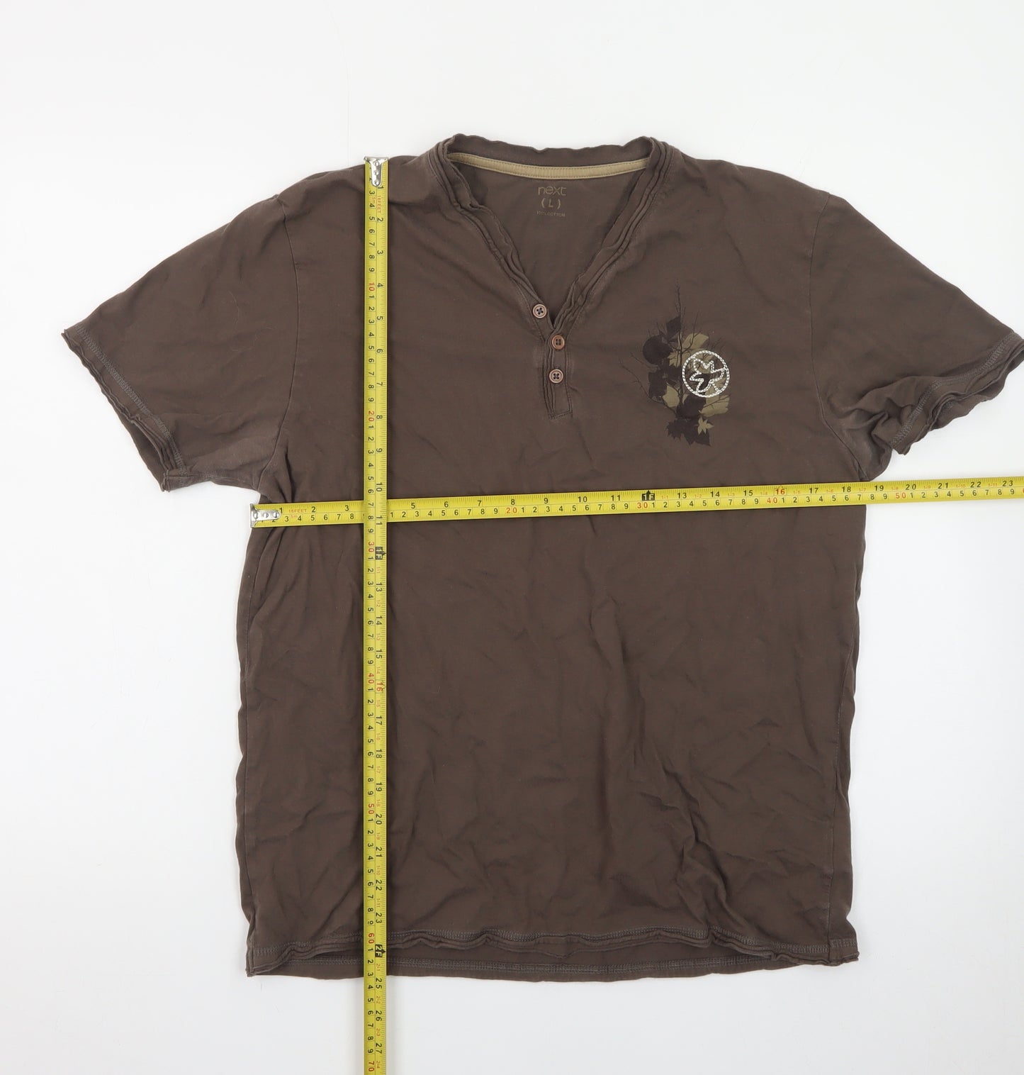 Next Men's Brown Henley Short Sleeve Graphic Cotton T-Shirt Size L