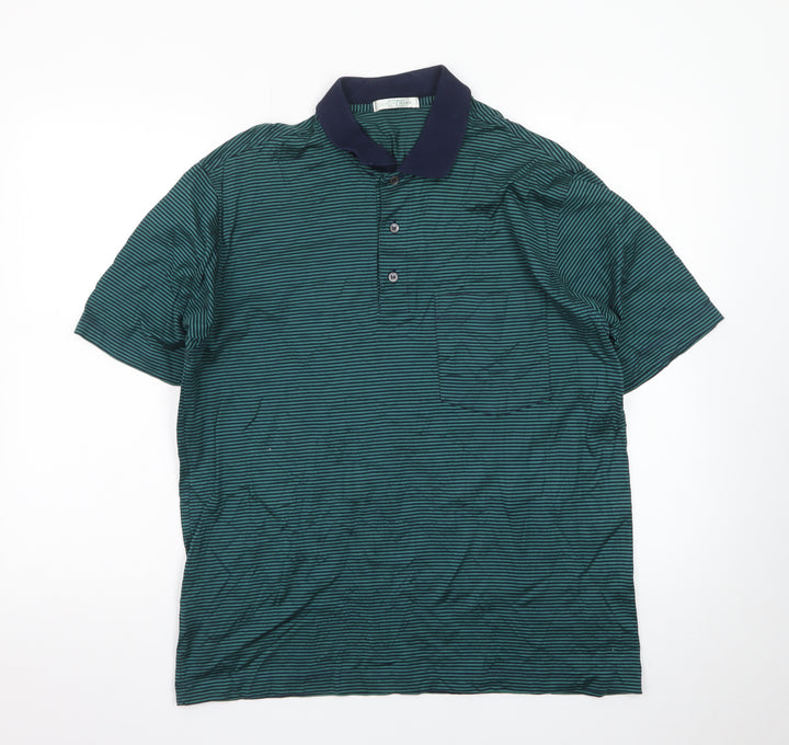 Marks and Spencer St Michael Green Striped Cotton Polo Shirt Men's M