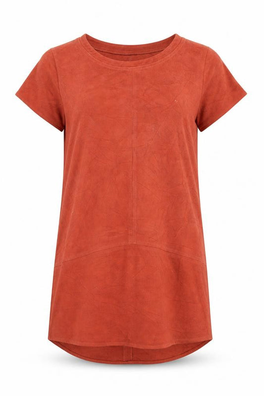 Front view of MINKPINK Women’s Brown Short Sleeve Suede T-Shirt Dress, size M