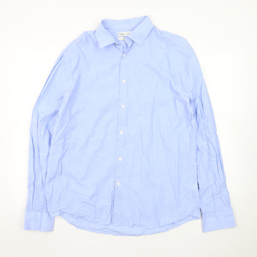 Marks and Spencer Men's Blue Regular Fit Pure Cotton Long Sleeve Dress Shirt L