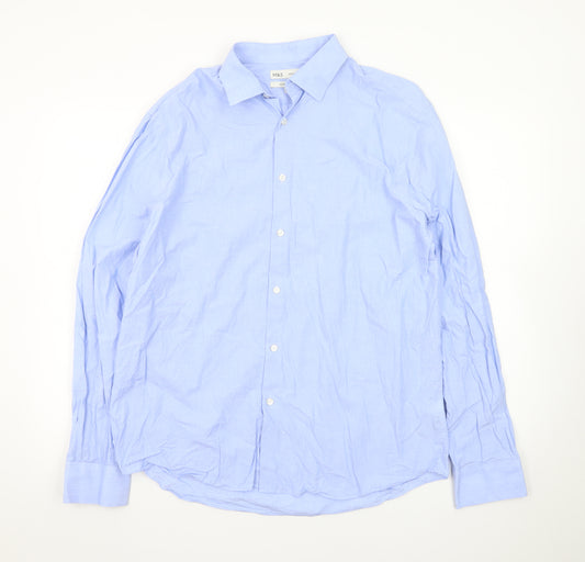 Marks and Spencer Men's Blue Regular Fit Pure Cotton Long Sleeve Dress Shirt L