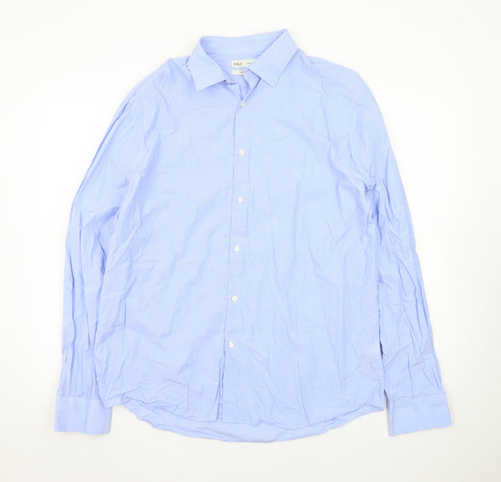 Marks and Spencer Men's Blue Regular Fit Pure Cotton Long Sleeve Dress Shirt L