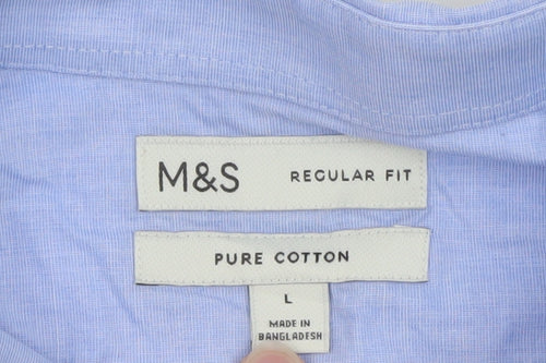 Marks and Spencer Men's Blue Regular Fit Pure Cotton Long Sleeve Dress Shirt L