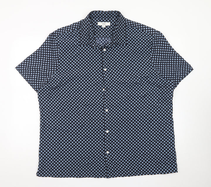 Marks and Spencer Men's Blue Geometric Short Sleeve 2XL Dress Shirt