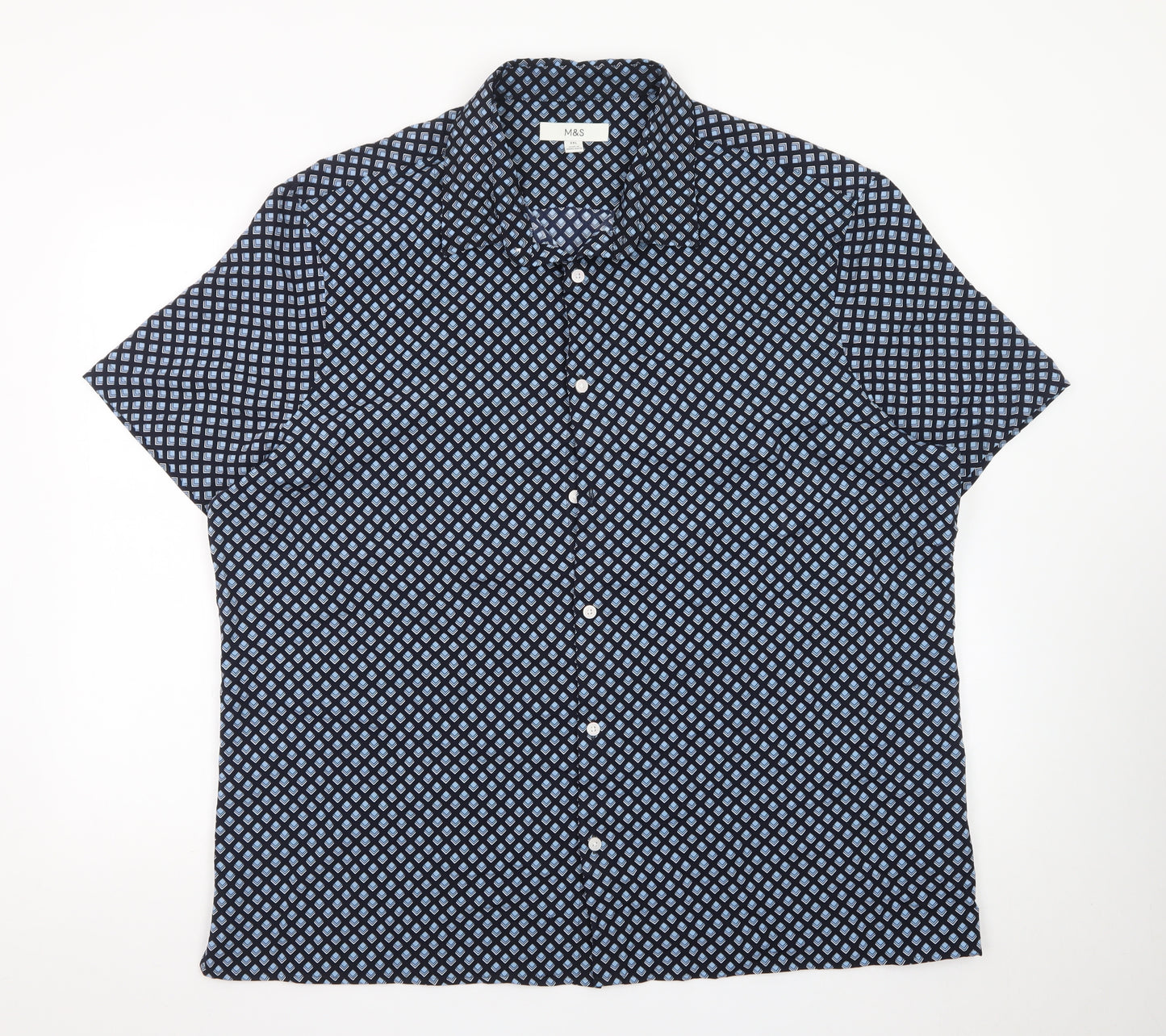 Marks and Spencer Men's Blue Geometric Short Sleeve 2XL Dress Shirt