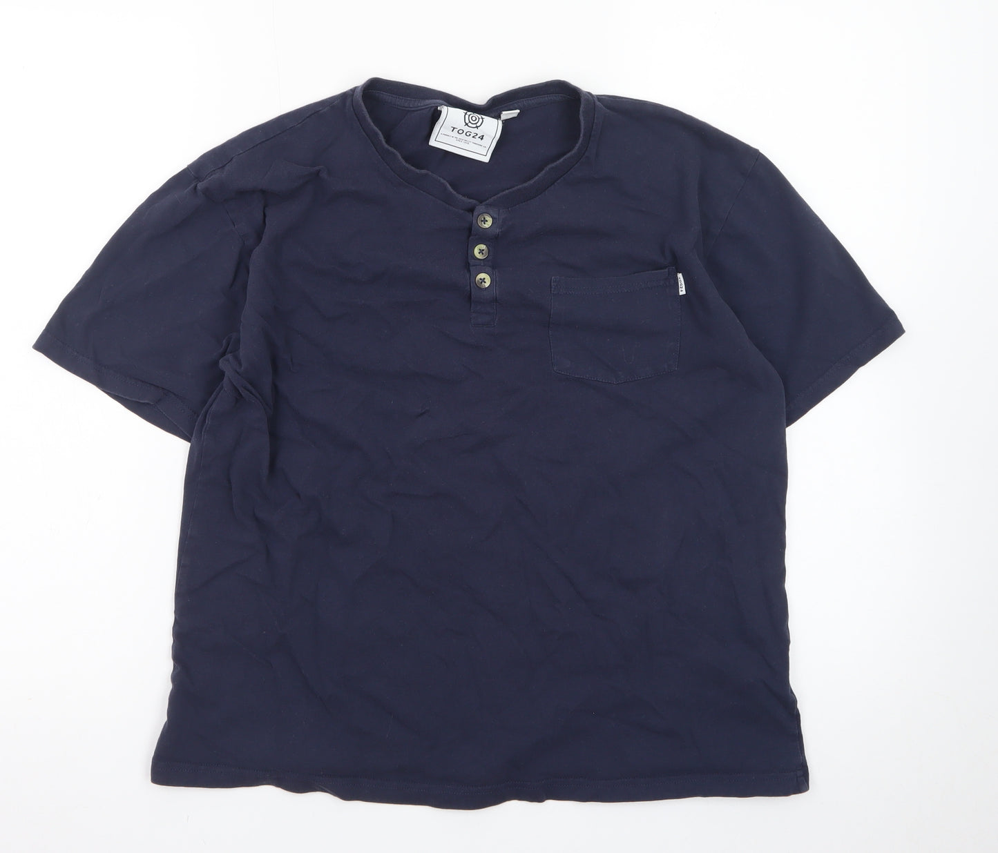 TOG24 Men’s Blue Henley Short Sleeve Cotton T-Shirt M Regular Fit