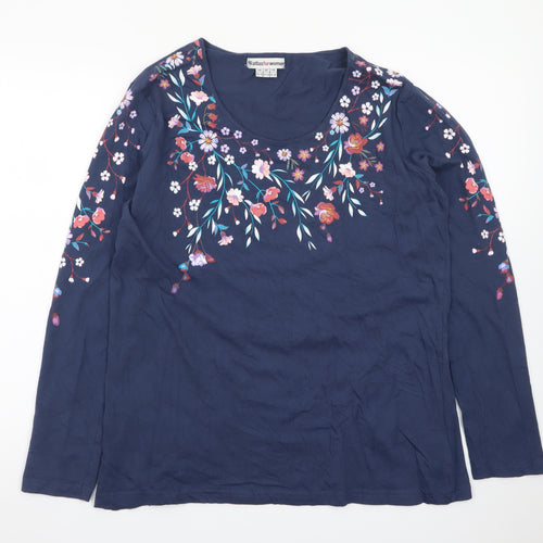 Atlas For Women Blue Floral Embroidered Cotton Long Sleeve T-Shirt UK 16-18