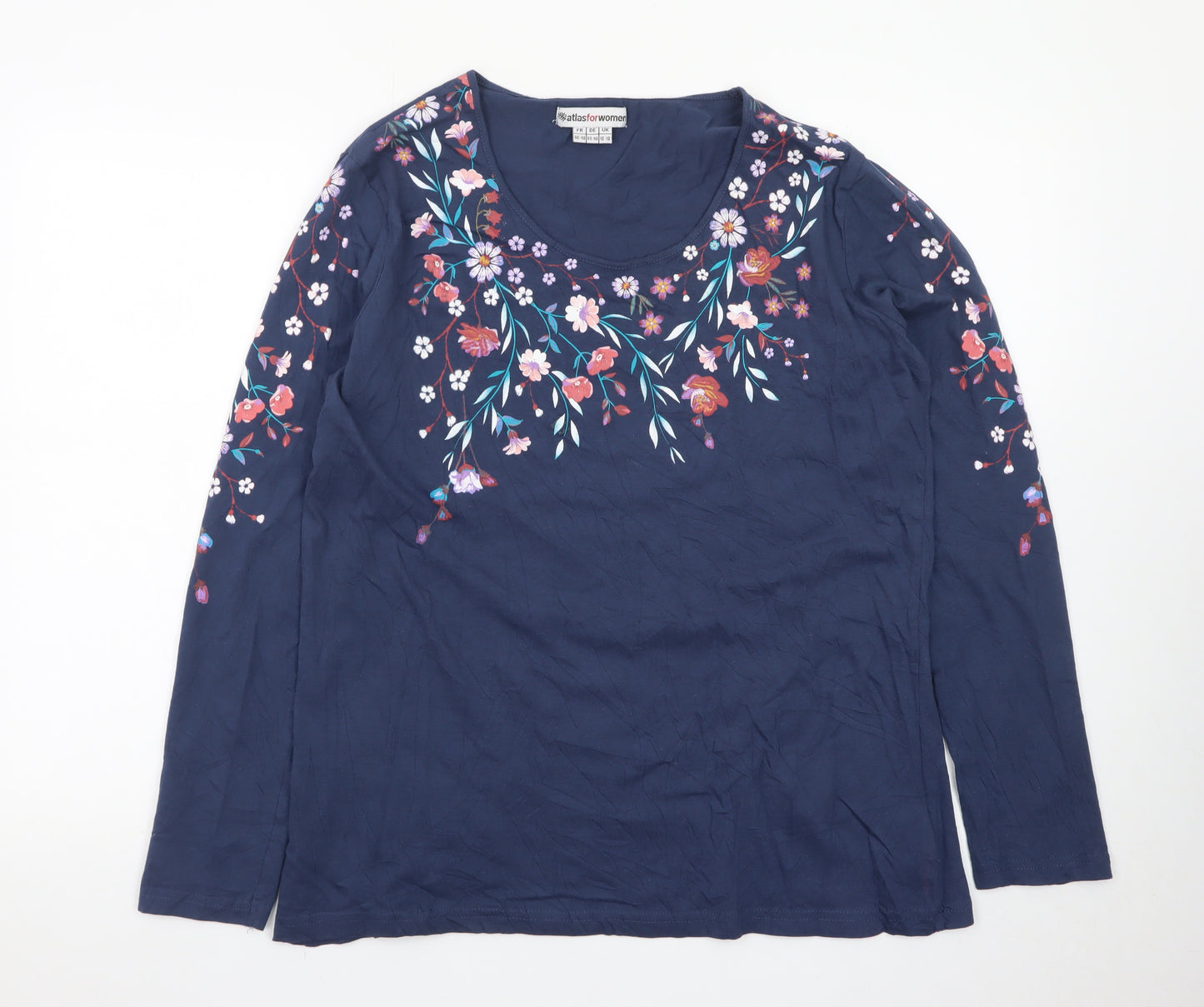 Atlas For Women Blue Floral Embroidered Cotton Long Sleeve T-Shirt UK 16-18