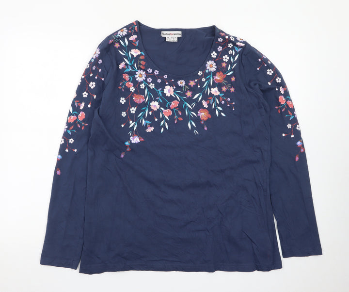 Atlas For Women Blue Floral Embroidered Cotton Long Sleeve T-Shirt UK 16-18