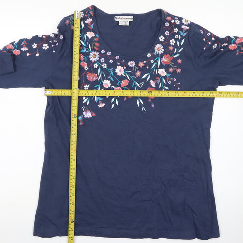 Atlas For Women Blue Floral Embroidered Cotton Long Sleeve T-Shirt UK 16-18