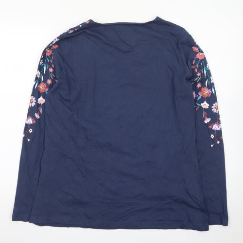 Atlas For Women Blue Floral Embroidered Cotton Long Sleeve T-Shirt UK 16-18