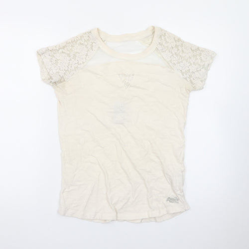 Superdry Women's Beige Lace Sleeve Short Sleeve T-Shirt Medium