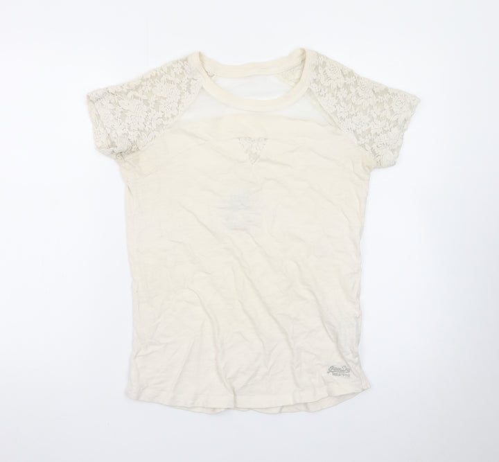 Superdry Women's Beige Lace Sleeve Short Sleeve T-Shirt Medium