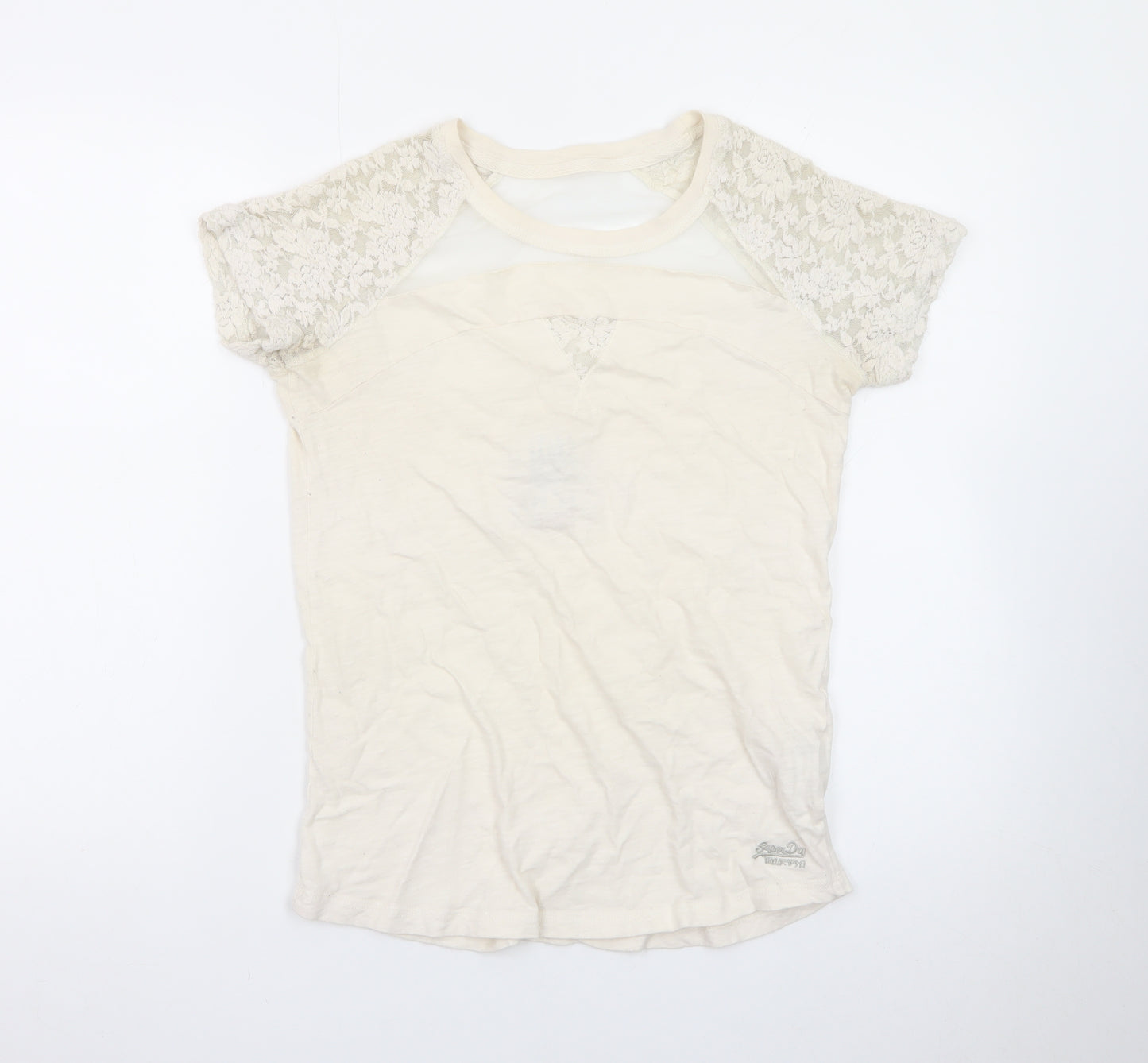 Superdry Women's Beige Lace Sleeve Short Sleeve T-Shirt Medium