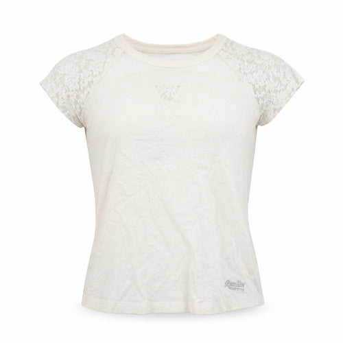Superdry Women's Beige Lace Sleeve Short Sleeve T-Shirt Medium