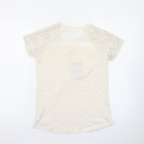 Superdry Women's Beige Lace Sleeve Short Sleeve T-Shirt Medium