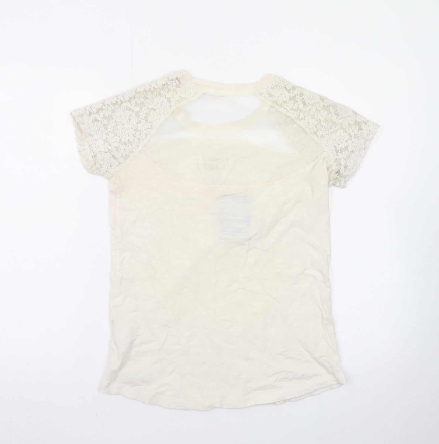 Superdry Women's Beige Lace Sleeve Short Sleeve T-Shirt Medium