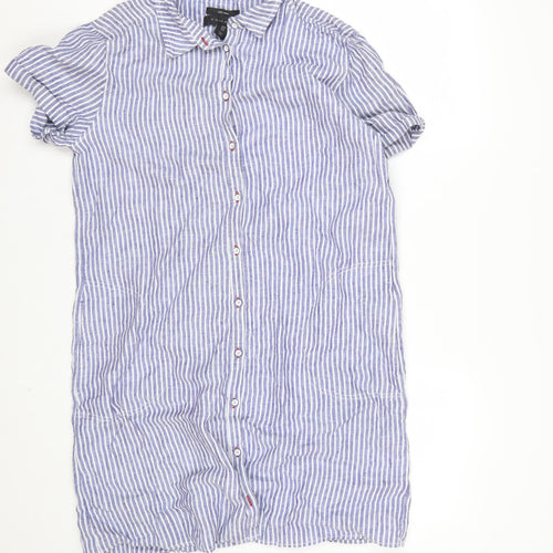Tahari Womens Blue Striped Linen Shirt Dress Medium