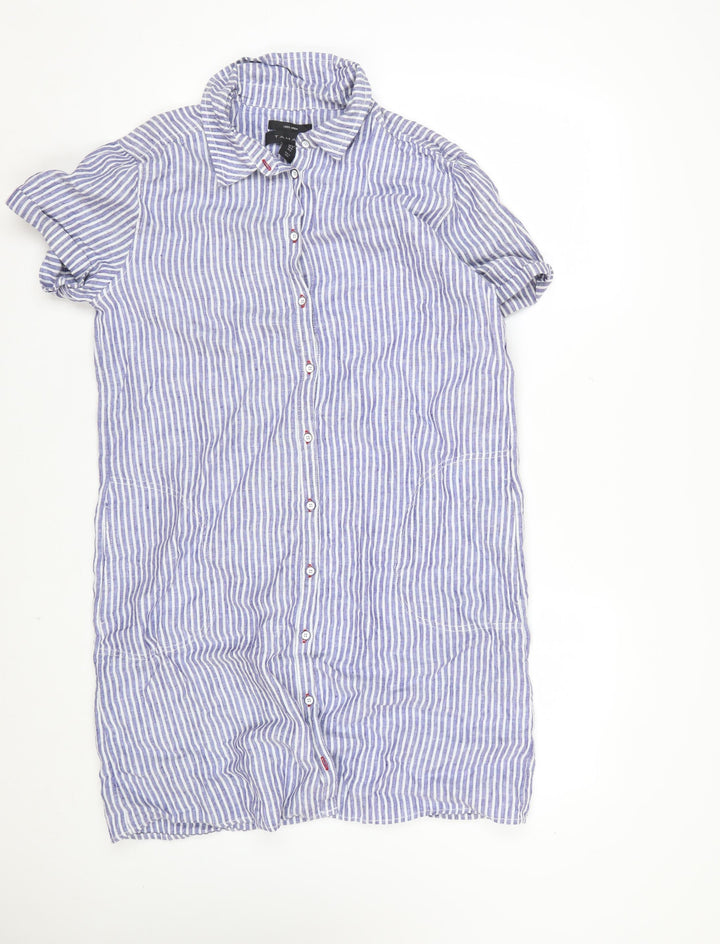 Tahari Womens Blue Striped Linen Shirt Dress Medium