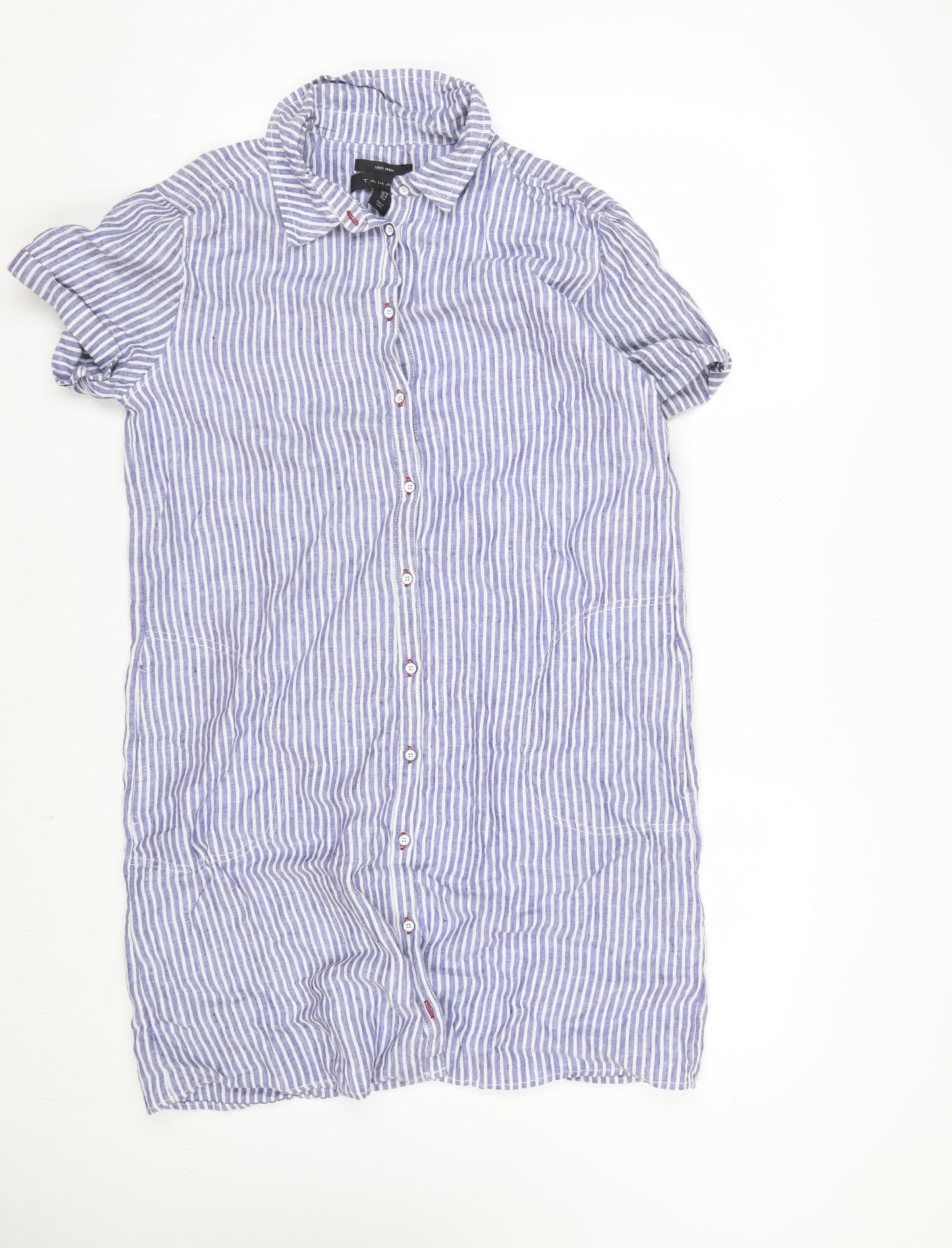 Tahari Womens Blue Striped Linen Shirt Dress Medium