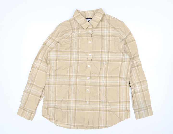 Lands' End Men's Beige Check Button-Up Cotton Shirt M