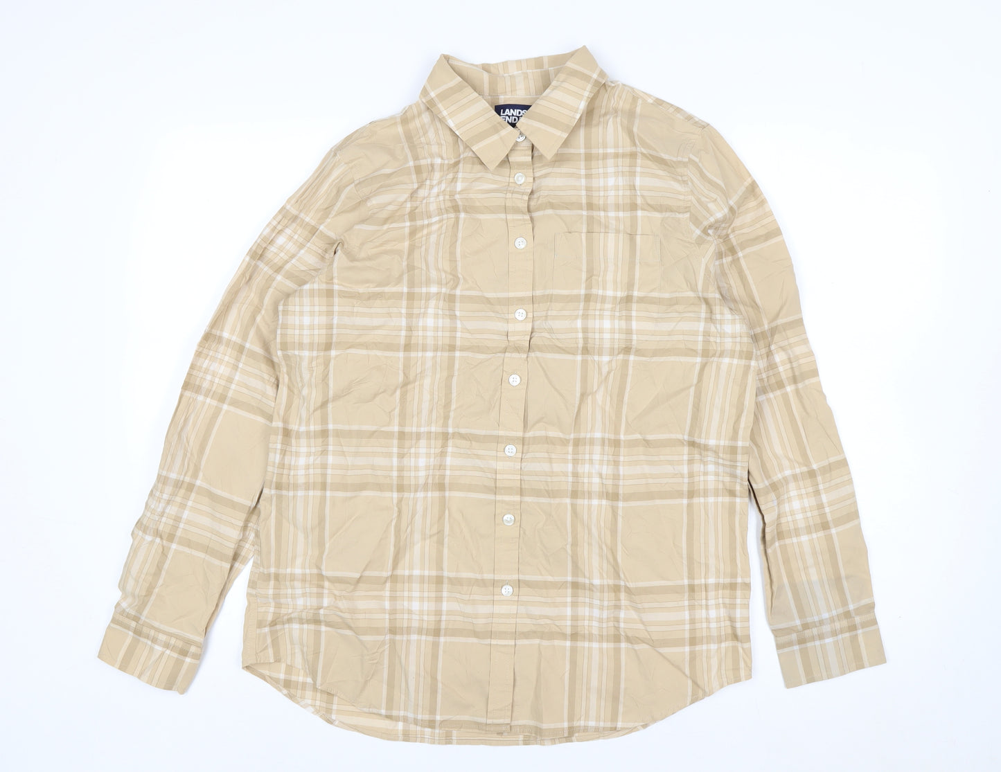 Lands' End Men's Beige Check Button-Up Cotton Shirt M