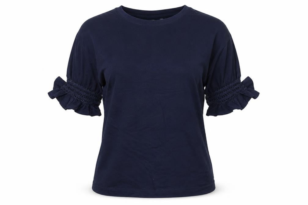 Front view of AND/OR Women's Blue Cotton Ruffle Sleeve T-Shirt, size 8