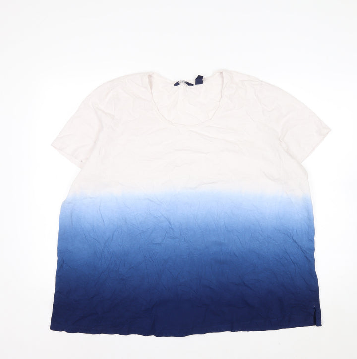 Lands' End Womens Blue White Dip Dye Linen Cotton T-Shirt UK 24