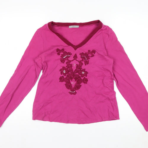 Marks and Spencer Womens Pink Embroidered Cotton Long Sleeve V-Neck Top Size 14