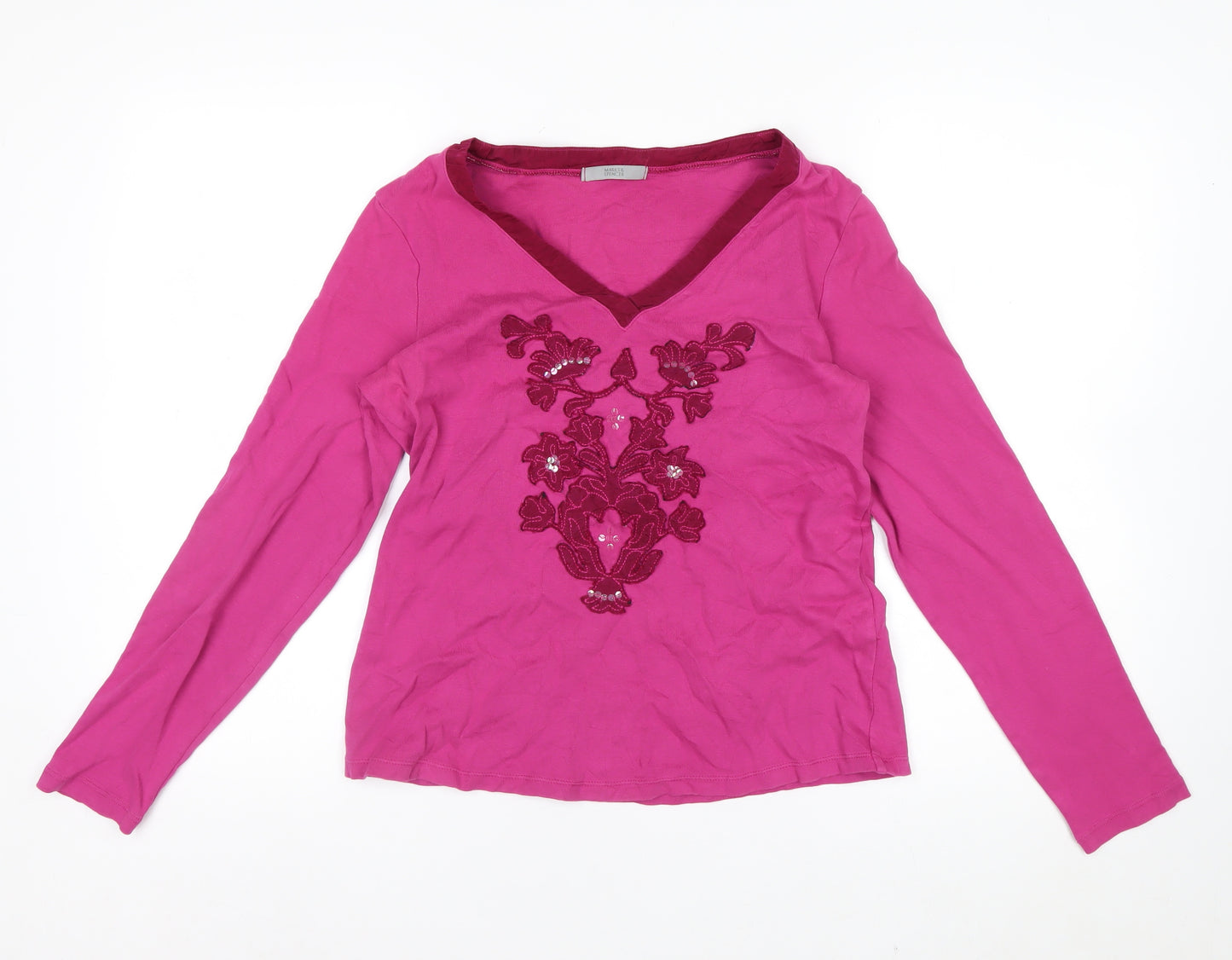 Marks and Spencer Womens Pink Embroidered Cotton Long Sleeve V-Neck Top Size 14
