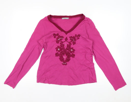 Marks and Spencer Womens Pink Embroidered Cotton Long Sleeve V-Neck Top Size 14