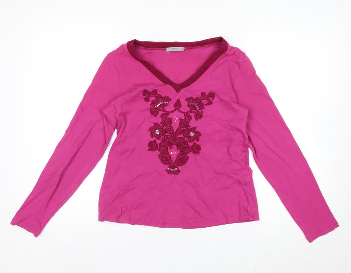 Marks and Spencer Womens Pink Embroidered Cotton Long Sleeve V-Neck Top Size 14