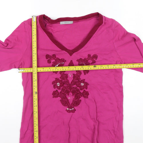 Marks and Spencer Womens Pink Embroidered Cotton Long Sleeve V-Neck Top Size 14