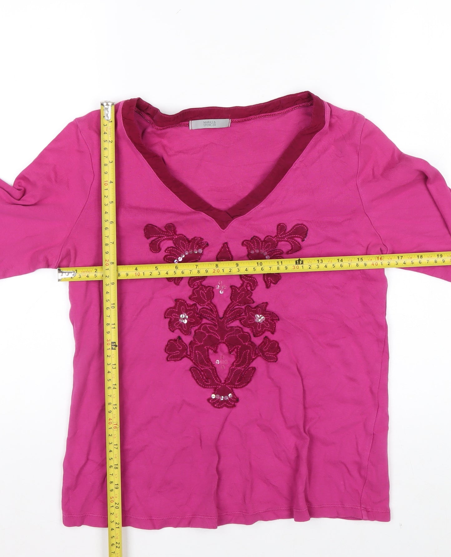 Marks and Spencer Womens Pink Embroidered Cotton Long Sleeve V-Neck Top Size 14