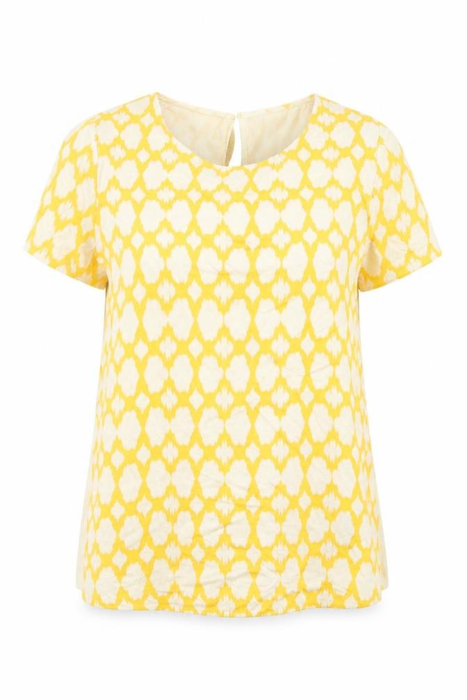 Front view of Marks & Spencer women’s yellow geometric jersey t-shirt, size UK 10