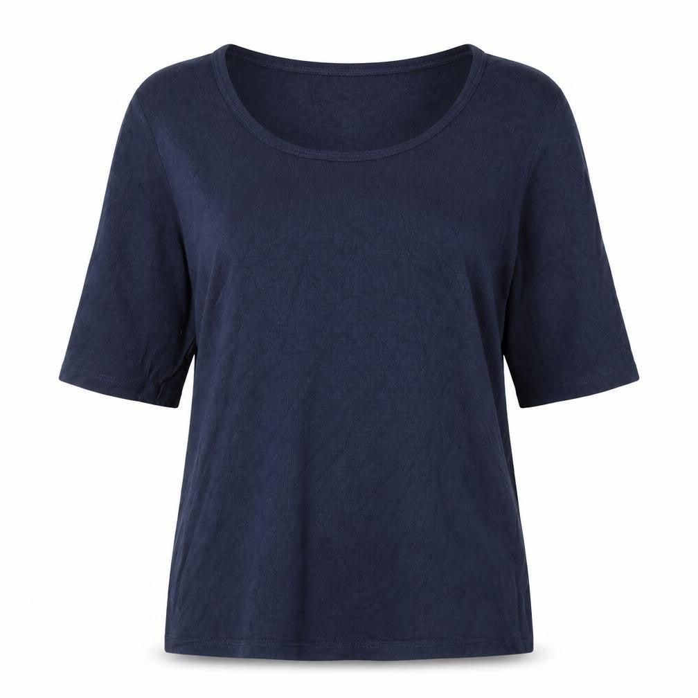 Front view of Joie women’s blue basic scoop neck short sleeve jersey t-shirt, size L