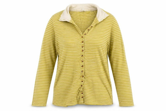 Front view of White Stuff Women's Yellow Striped Cotton Long Sleeve Button-Up Shirt UK 14