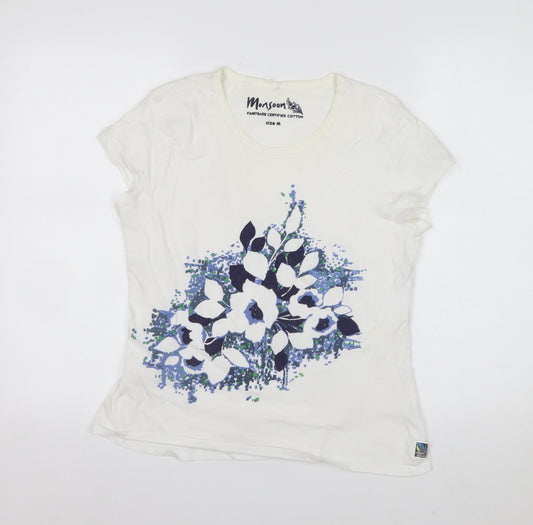 Monsoon Womens White Floral Short Sleeve T-Shirt M Fairtrade Cotton