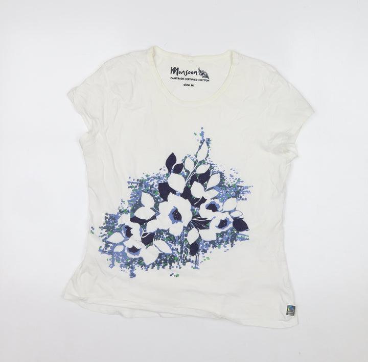 Monsoon Womens White Floral Short Sleeve T-Shirt M Fairtrade Cotton