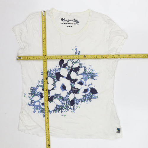 Monsoon Womens White Floral Short Sleeve T-Shirt M Fairtrade Cotton